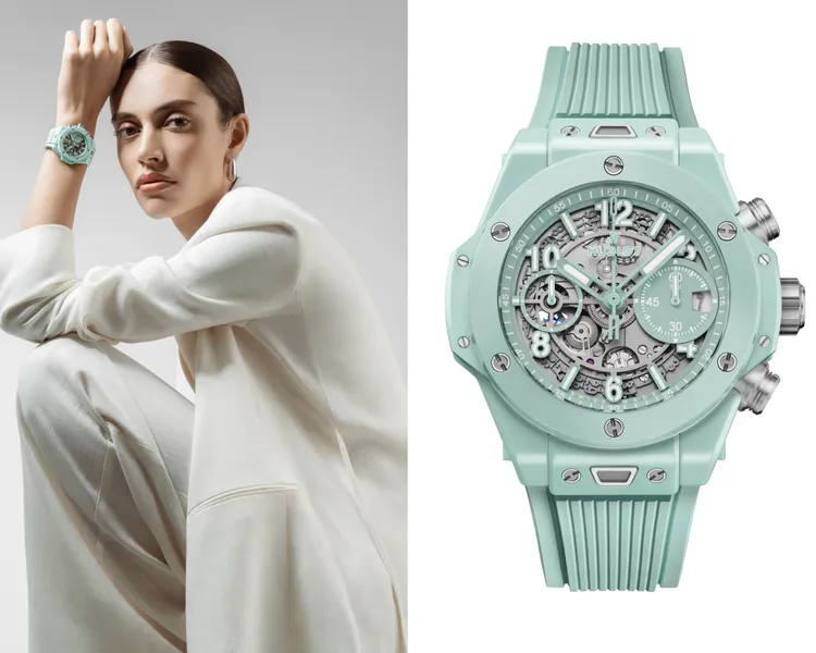 HUBLOT Big Bang Unico薄荷綠陶瓷計時碼錶，42mm，拋光薄荷綠陶瓷錶殼，鏤空薄荷綠錶盤，薄荷綠橡膠襯裡錶帶，MHUB1280 自製UNICO自動上鍊飛返計時機芯，動力儲存約72小時，防水深度100米，74萬4000元。品牌提供
