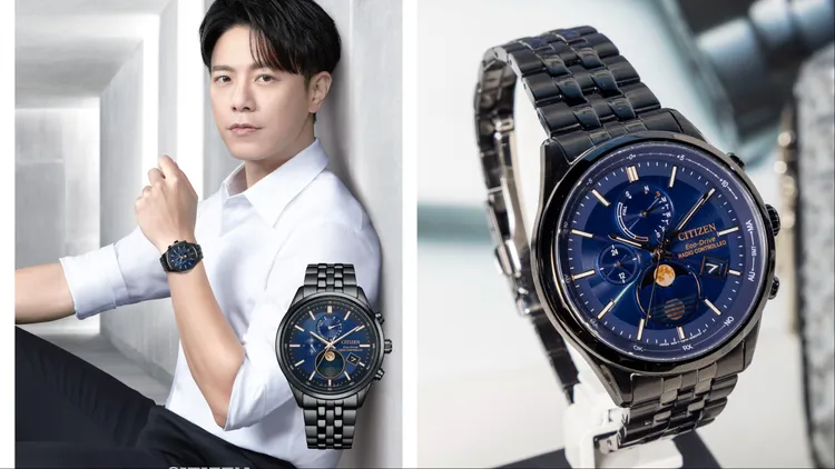 光動能全球電波月相錶BY1035-56L以黑色不鏽鋼錶殼搭配如沉靜深海般的藍色錶盤。品牌提供