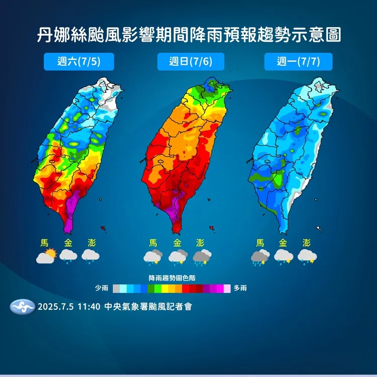 丹娜絲颱風影響期間降雨趨勢圖。氣象署提供