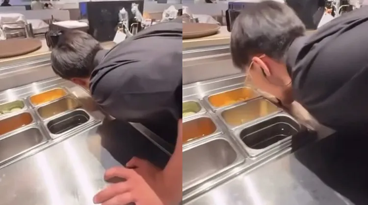 該名員工先舔完抹布又舔工作餐檯，影片曝光後讓網友痛批「太噁心」。取自《Threads》