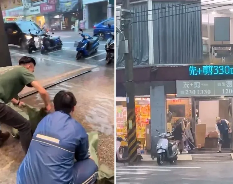彰化員林市出現積水災情，商家忙著堆沙包防止店內淹水，蟑螂被水沖出下水道，美髮店員工以掃把趕蟑螂。翻攝網路