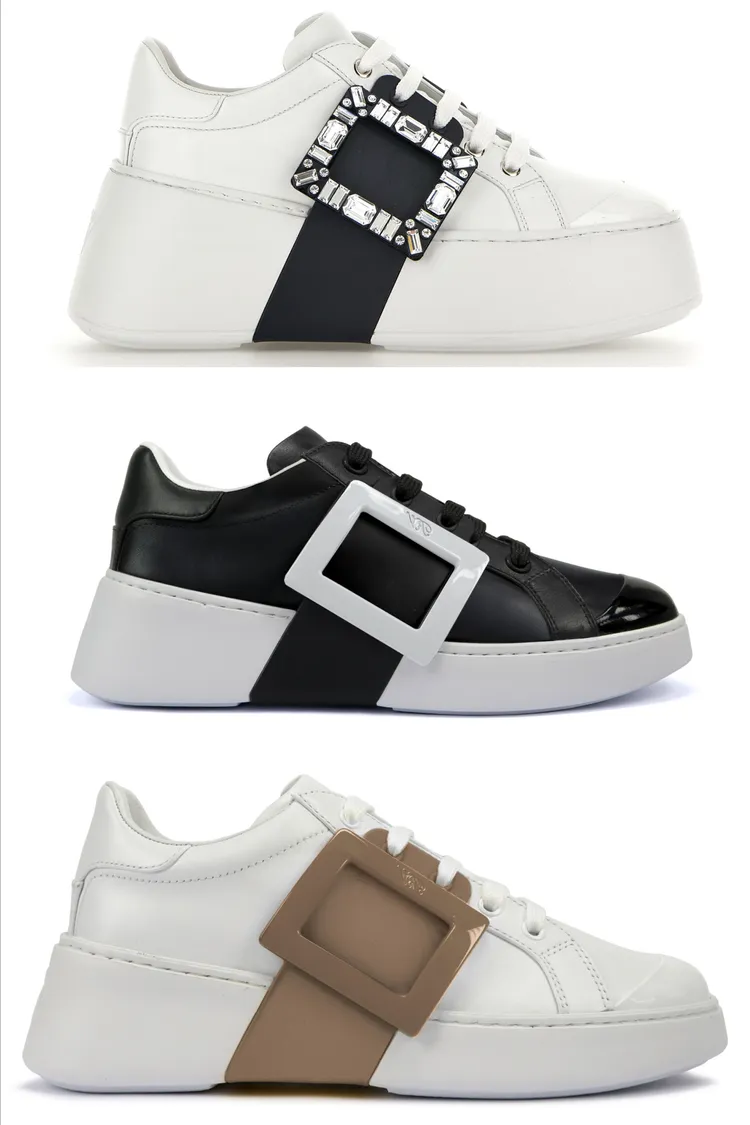Viv‘ Skate (台灣限定款)，白色小牛皮黑色方扣白鑽休閒鞋（上圖）5萬8000元、黑色小牛皮白扣休閒鞋（中圖）3萬6800元、白色小牛皮石英灰扣休閒鞋（下圖）3萬6800元。品牌提供