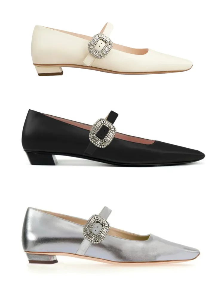 Belle Vivier奶油白小羊皮鑽扣瑪莉珍鞋（上圖）5萬700元、黑色小羊皮水晶扣瑪莉珍鞋（中圖）5萬700元、銀色山羊皮鑽扣瑪莉珍鞋（下圖）5萬700元。品牌提供