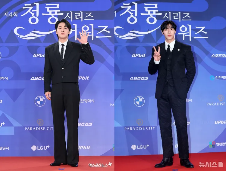 姜有皙（左）在《苦盡柑來遇見你》飾演IU弟弟，提名最佳男新人，要對戰外傷重症中心》秋泳愚《。翻攝xportsnews、NEWSIS