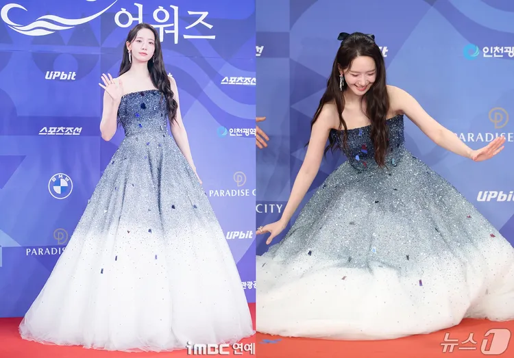 潤娥美美現身，要拍獨照時（右圖）失去重心跌倒。翻攝iMBC、News1