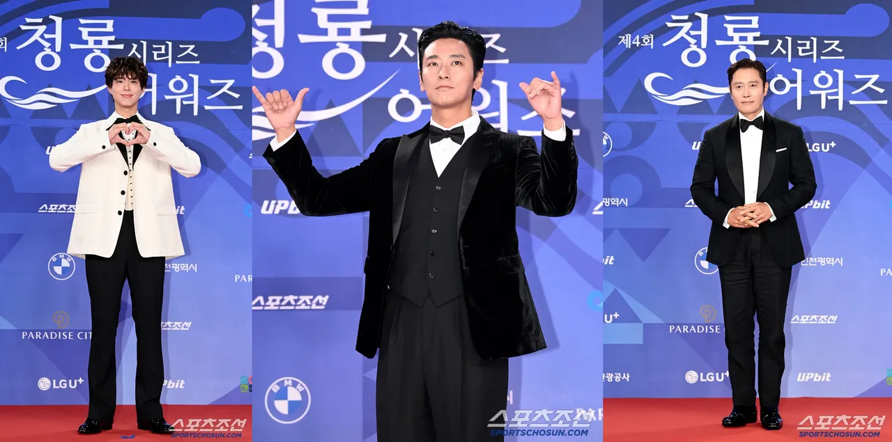朴宝剑(左图起)、朱智勋、李秉宪抢最佳男演员。翻摄朝鲜体育