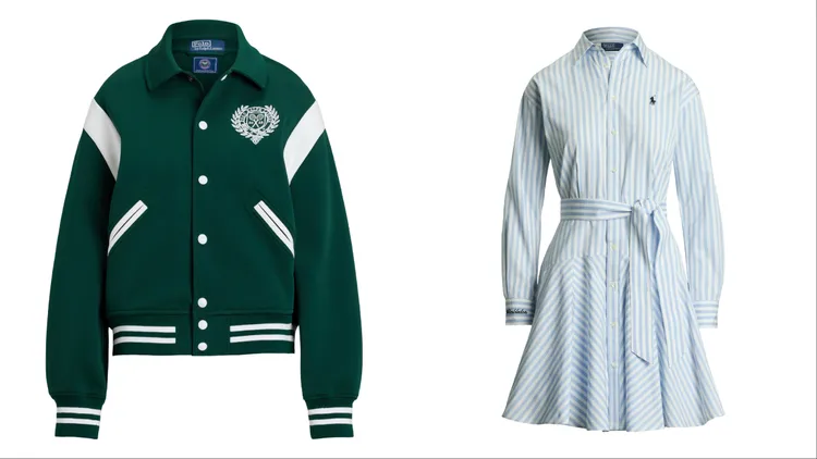 Polo Ralph Lauren「溫布頓膠囊系列」棒球外套（左）1萬1280元、條紋棉質拼接襯衫式連身裙（右）8880元。品牌提供
