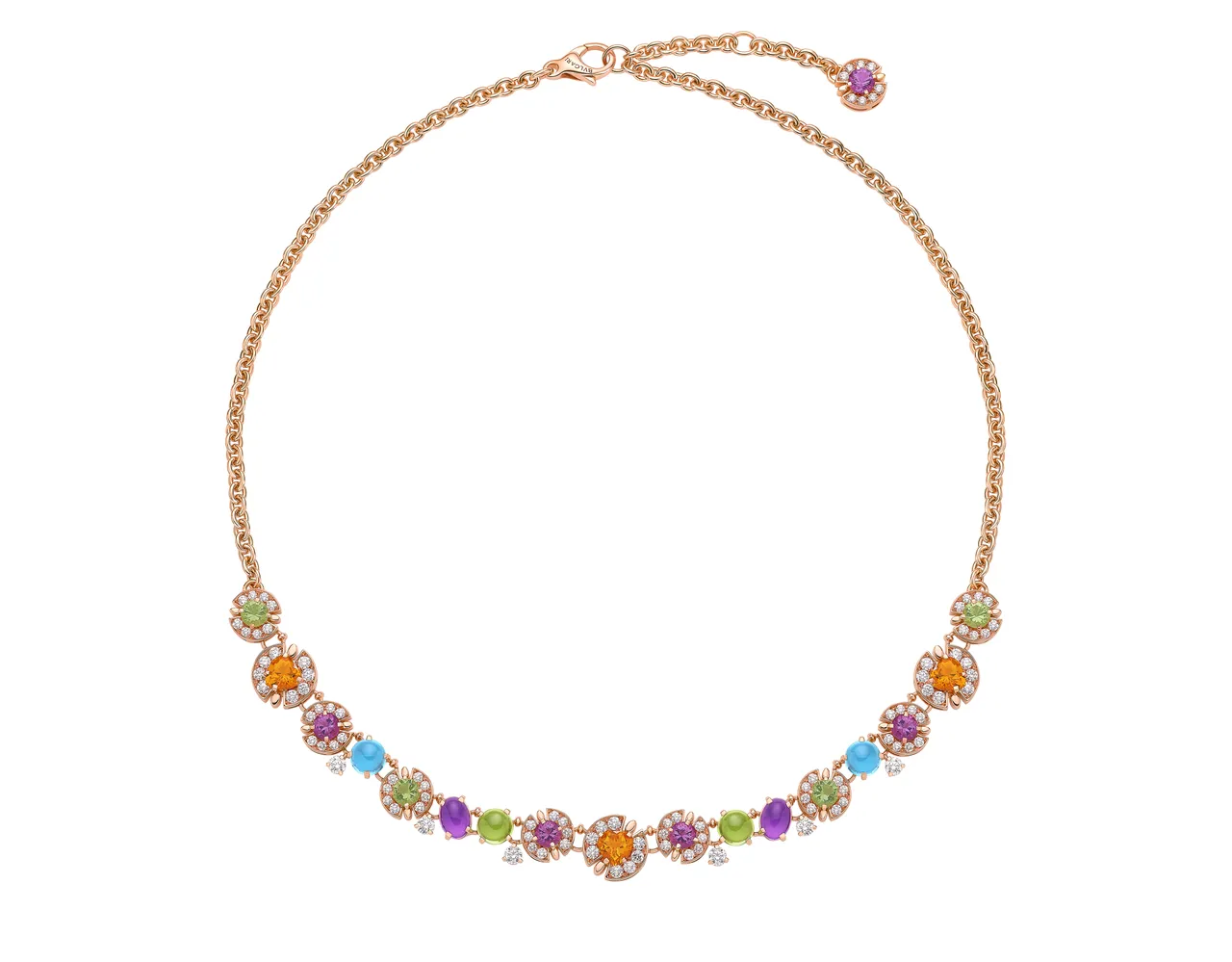 BVLGARI Allegra系列玫瑰金彩寶與鑽石項鍊,玫瑰金項鍊,鑲嵌6顆圓形明亮切割鑽石、2顆蛋面切割橄欖石、2顆蛋面切割藍色拓帕石、5顆圓形切割紫水晶、2顆橢圓形蛋面切割紫水晶、4顆圓形切割石英、3顆心形切割黃水晶與96顆密鑲鑽石(總重約2.13克拉)。品牌提供