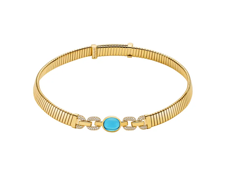 BVLGARI TUBOGAS系列黃K金藍色托帕石鑲鑽項鍊黃K金項鍊，鑲嵌1顆橢圓形切割藍色托帕石與112顆圓形切割密鑲鑽石(總重約0.99克拉)。
品牌提供
