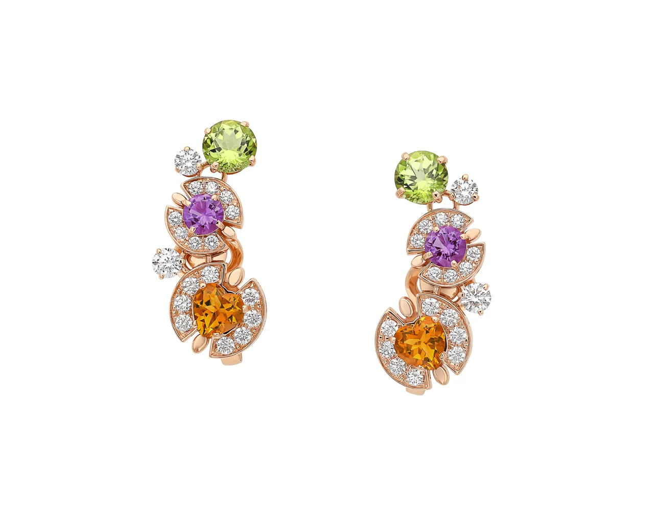 BVLGARI Allegra系列玫瑰金彩寶與鑽石耳環玫瑰金耳環,鑲嵌4顆圓形切割鑽石(總重約0.47克拉)、2顆圓形切割紫水晶(總重約0.12克拉)、2顆心形切割黃水晶(總重約0.26克拉)、2顆圓形切割橄欖石(總重約0.32克拉)與32顆密鑲鑽石(總重約0.68克拉)。品牌提供