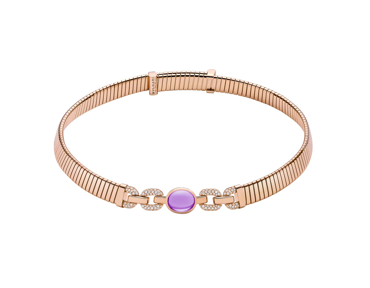 BVLGARI TUBOGAS系列玫瑰金紫水晶鑲鑽項鍊玫瑰金項鍊,鑲嵌1顆橢圓形切割紫水晶與112顆圓形切割密鑲鑽石(總重約0.99克拉)。品牌提供