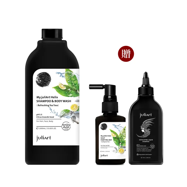 juliArt 3in1洗髮沐浴露(沁涼茶樹系列) 1000ml，贈沁涼茶樹頭皮淨化噴霧40ml、甘草次酸角質淨化液(經典版)75ml，1350元。品牌提供