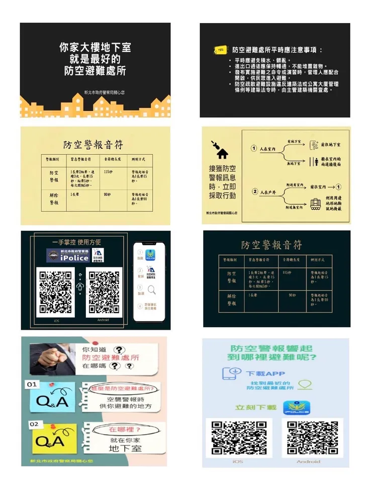 4款共8面的防空避難指引卡。新北市警局提供