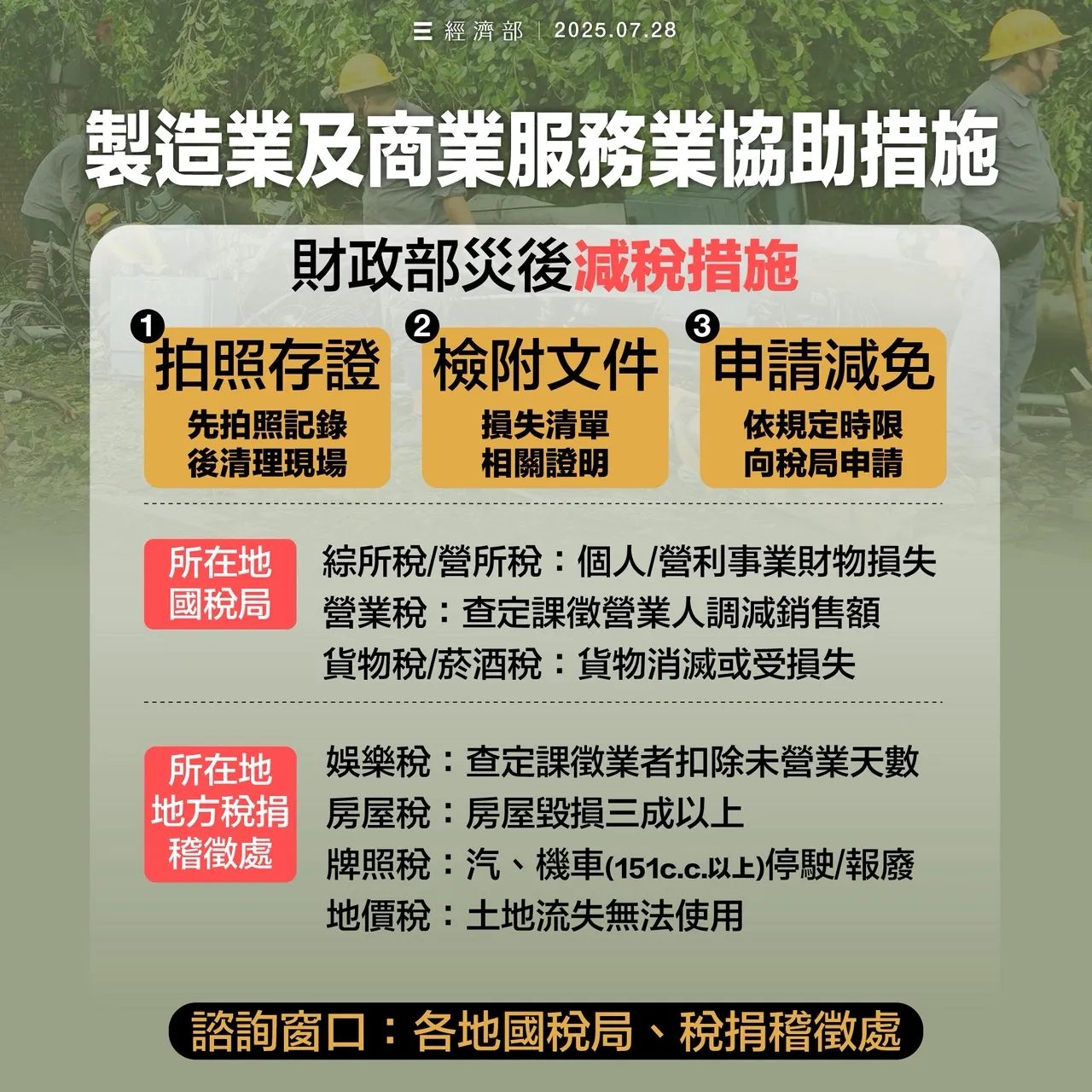 受丹娜丝台风影响,不少企业因产线或设备受损而停工,经济部已启动「灾后复建服务团」。经济部提供