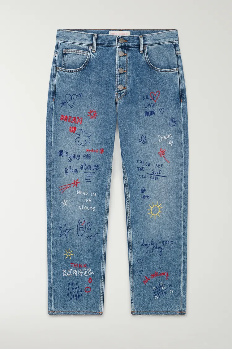 MIRA MIKATI塗鴉刺繡牛仔褲，2萬4980元。品牌提供