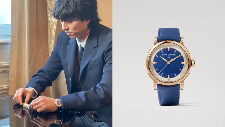 孔劉配戴Louis Vuitton Escale，自動機芯，39mm，玫瑰K金，95萬5000元。品牌提供