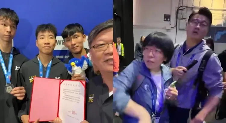 台湾跆拳道男团德国世大运获得银牌,中国队(右图)前来抢夺贺电。翻摄郑世忠脸书