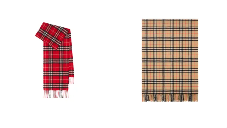 Burberry罌粟色格紋喀什米爾圍巾（左）1萬2200元、沙色格紋羊毛喀什米爾毛毯（右）5萬5000元。品牌提供