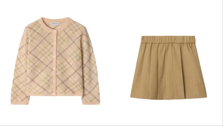 Burberry貝殼色格紋羊駝毛絲質混紡開襟針織衫（左）1萬9500元、沙色棉質混紡褶飾裙 （右）8400元。品牌提供