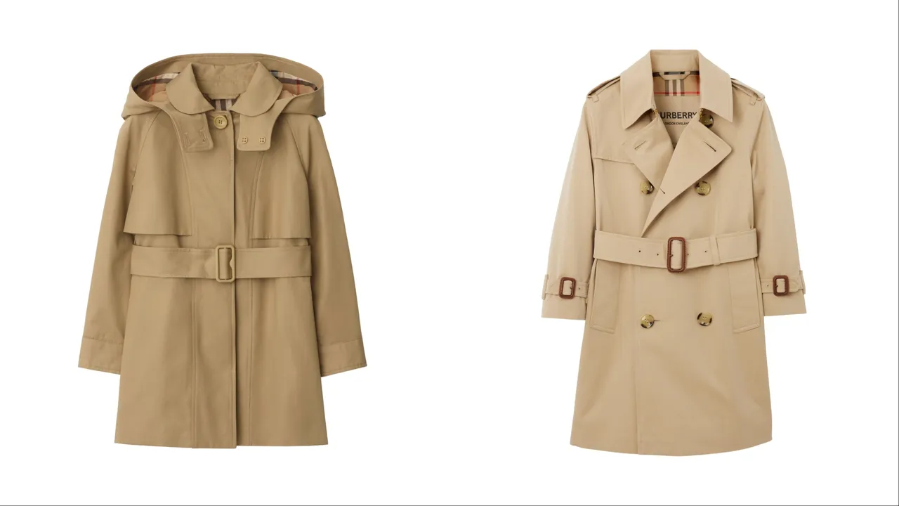 Burberry沙色棉質連帽風衣(左)2萬7900元、蜜金色Gabardine風衣(右)4萬8900元。品牌提供