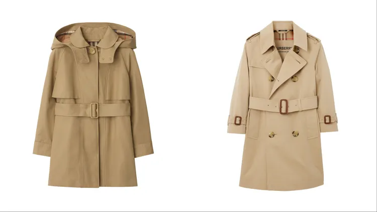 Burberry沙色棉質連帽風衣（左）2萬7900元、蜜金色Gabardine風衣（右）4萬8900元。品牌提供