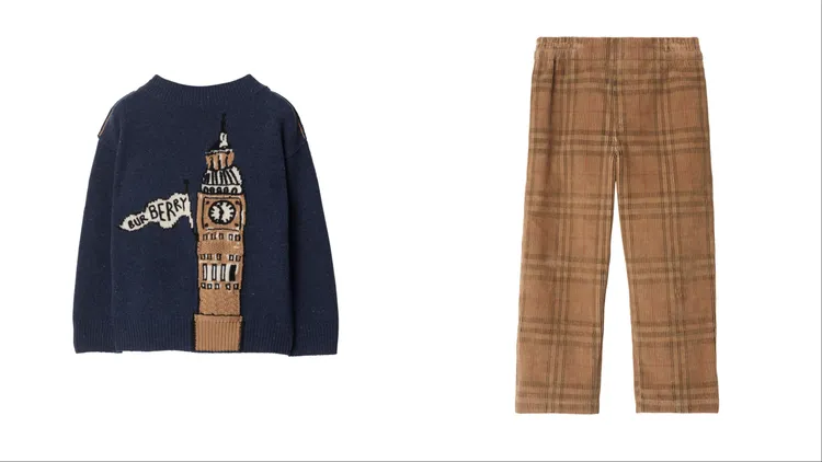 Burberry風暴藍色大笨鐘羊毛套頭衫（左）1萬9500元、典藏米色格紋燈芯絨長褲 （右）1萬4500元。品牌提供