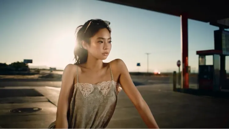 Jennie身穿Chloé 2025早秋系列的綠色細肩蕾絲背心。翻攝BLACKPINK IG