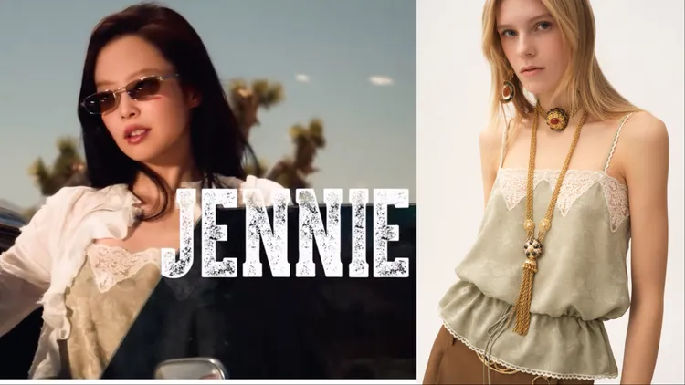 飄逸布面上綴以玫瑰緹花，讓Jennie一展浪漫率性風格。翻攝BLACKPINK IG、品牌提供