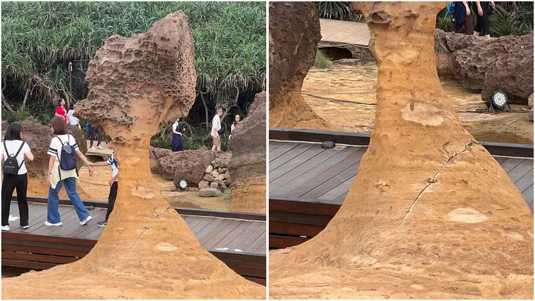 「野柳女王頭」被民眾發現出現超長的大裂痕。久美授權提供