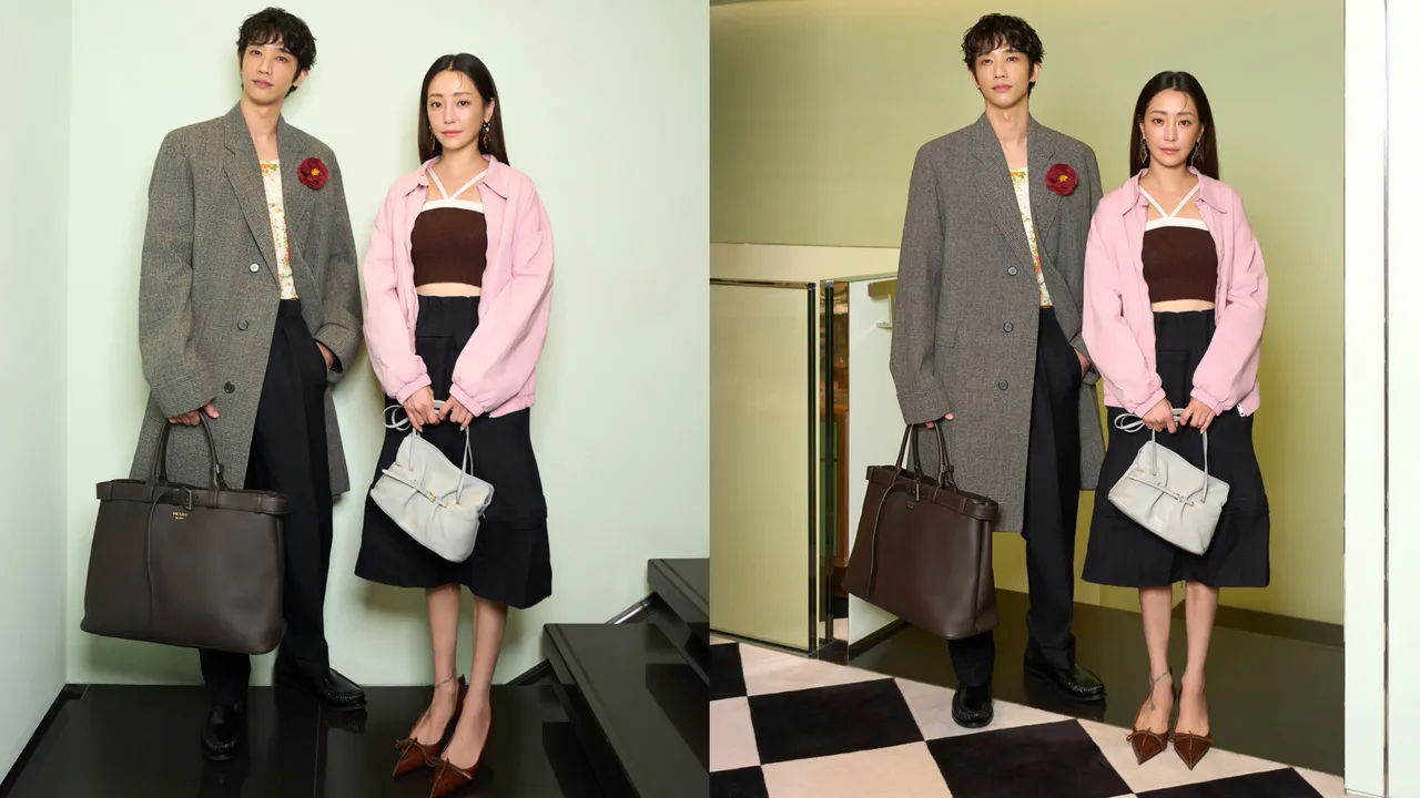 劉以豪(左圖左、右圖左)與謝欣穎(左圖右、右圖右)今日現身時尚品牌PRADA 2025秋冬系列預覽。品牌提供