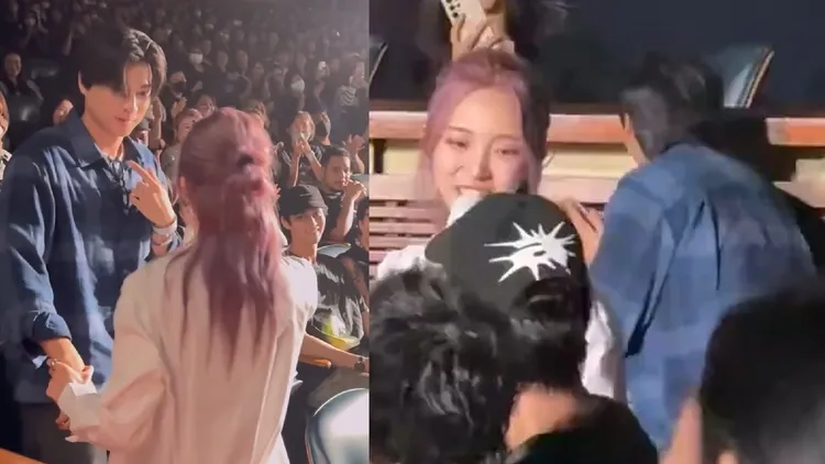 鄭乃馨一開始牽起Gulf，Gulf不敢置信地指著自己，原來只是要他讓位。翻攝脆皮鴨顏究所微博