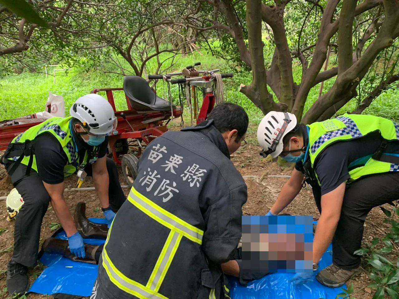 消防人員鋸斷樹木救出老農,但他已無生命跡象。民眾提供