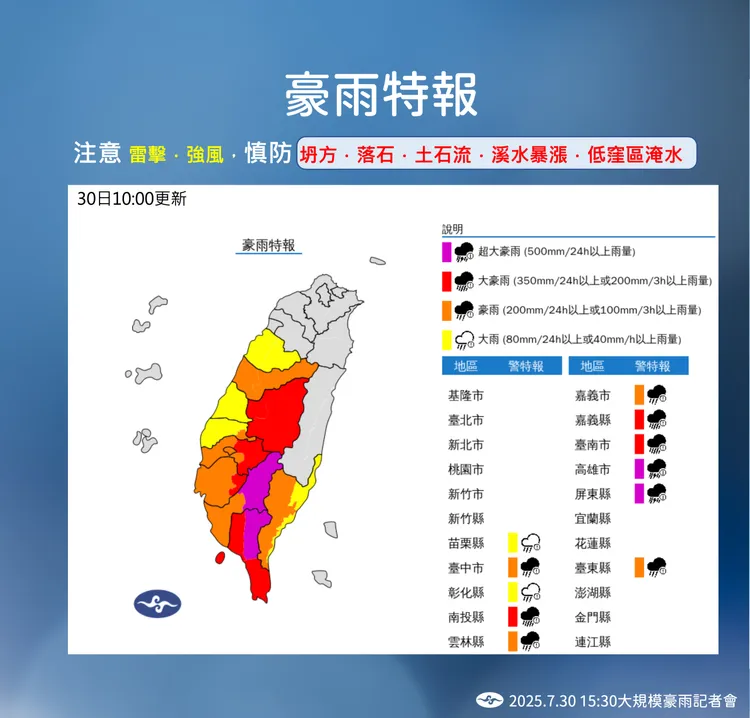 豪雨特報。氣象署提供
