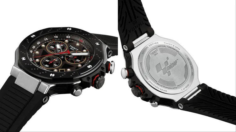 T-Race MotoGP石英計時款以紅黑配色呈現出賽道上的激情速度。品牌提供