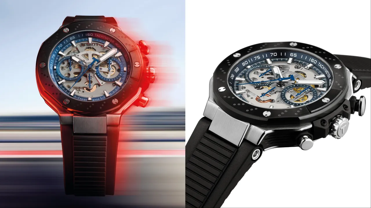 黑蓝配色的T-Race MotoGP自动计时款,借由镂空面盘让高性能运转的「心脏」清晰可见。品牌提供