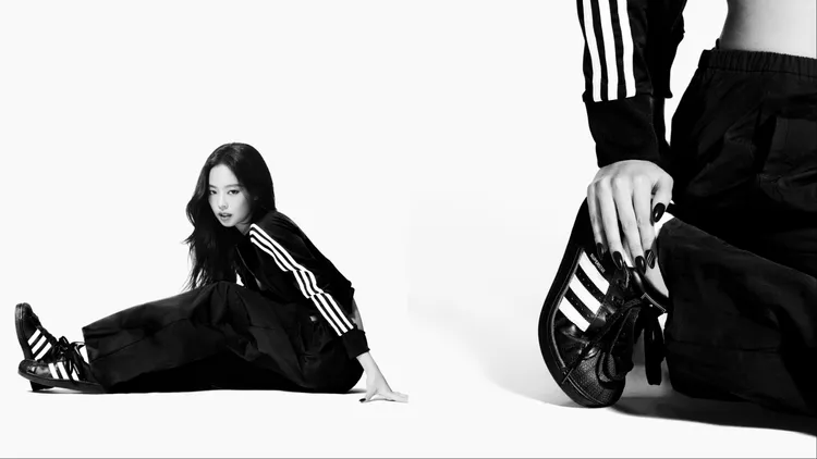 Jennie換上Firebird運動服搭配強勢回歸的Superstar II鞋款。品牌提供
