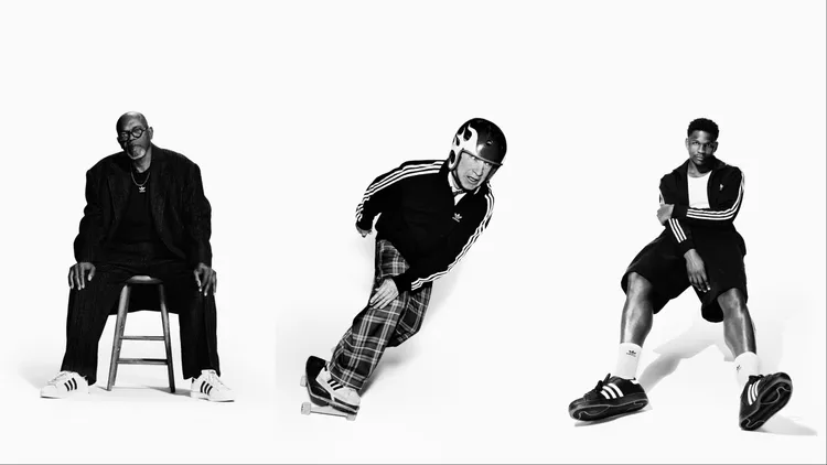 傳奇演員Samuel L. Jackson（左起）、滑板傳奇人物Mark Gonzales、NBA新星Anthony Edwards拍攝adidas Originals新廣告。品牌提供