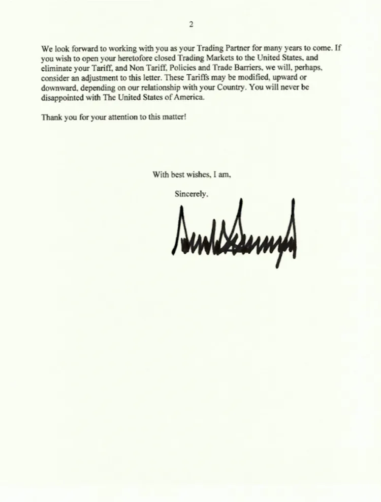 川普發出的關稅信。