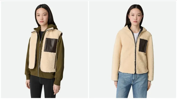 剪羊毛皮革滾邊與口袋細節背心（左）19萬4400元、剪羊毛連帽束腰夾克（右）23萬8300元。品牌提供
