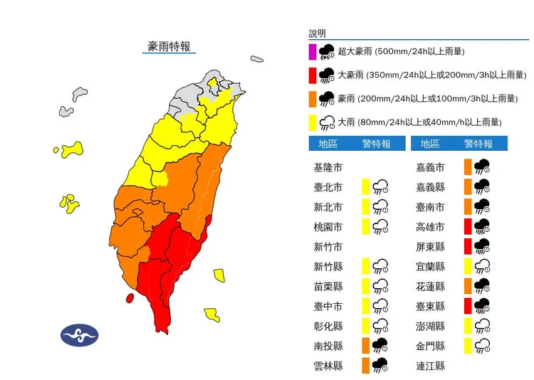 氣象署發布19縣市豪雨特報，其中高雄、屏東、台東更升級到「大豪雨」等級。氣象署提供