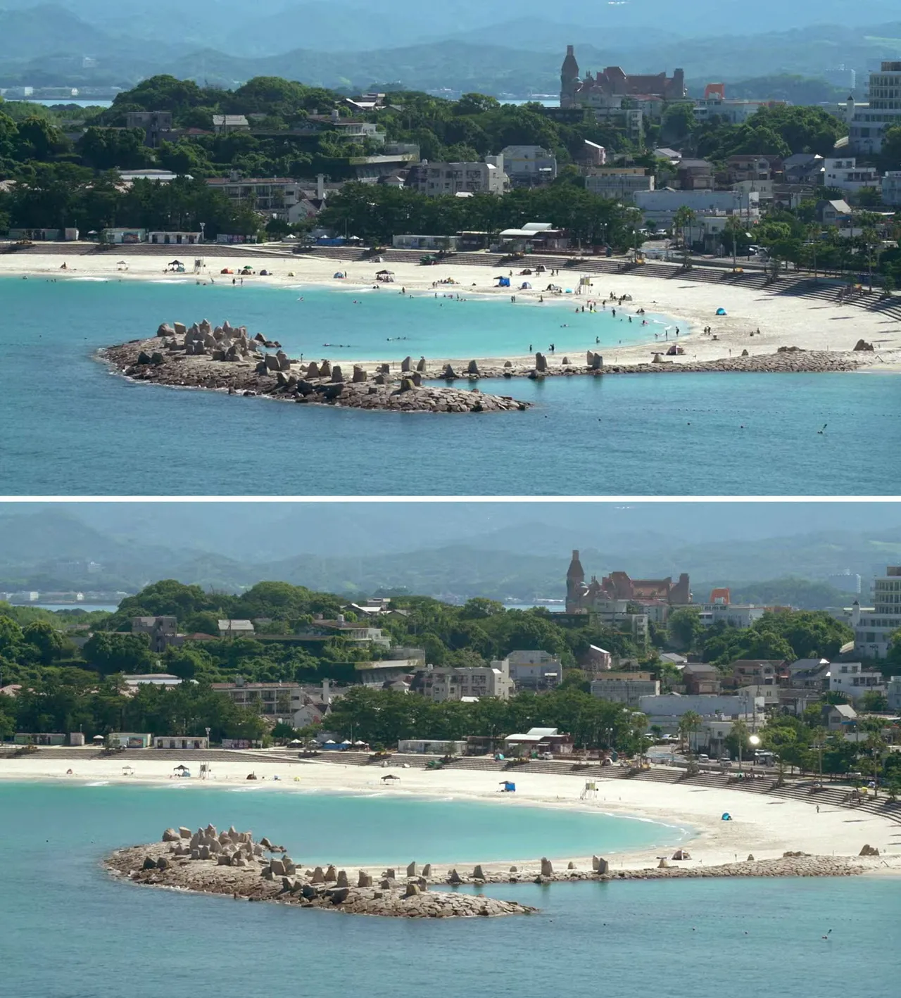 日本和歌山县白滨町海滩是知名景点(上图),当局发布海啸警报后,海滩已空无一人(下图)。路透社/共同社