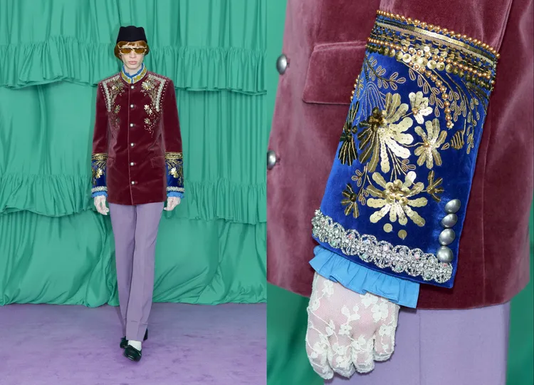 酒紅色天鵝絨西裝外套搭在胸口與袖口處佈滿華麗刺繡，營造出滿滿的復古風格。品牌提供