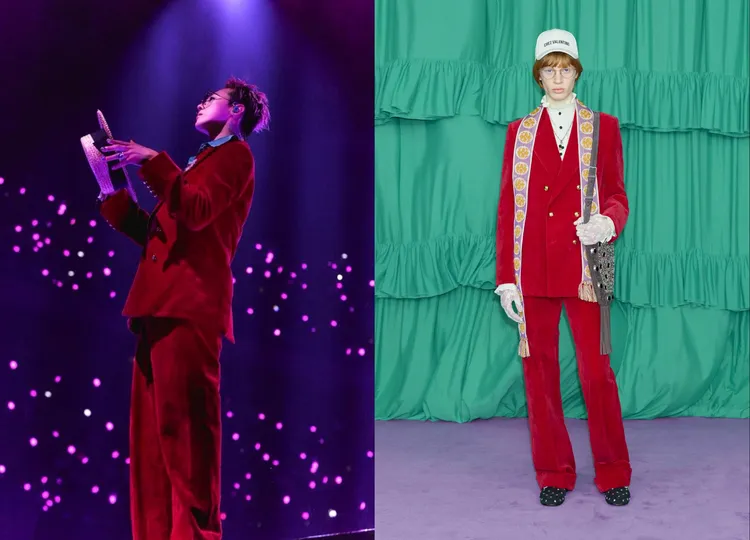 GD將紅色天鵝絨西裝領口處點綴以水鑽雛菊別針。翻攝GD IG、品牌提供