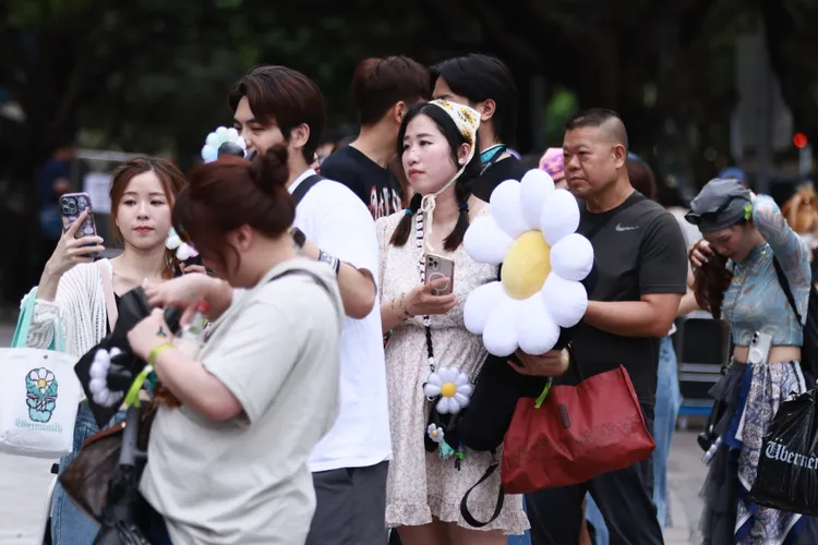 不少粉絲戴頭巾，拿著手燈造型的小雛菊。彭欣偉攝