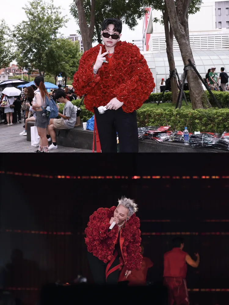 南山權志龍（上圖）拷貝GD這次巡演的玫瑰花外套造型。彭欣偉攝、Galaxy Corporation提供