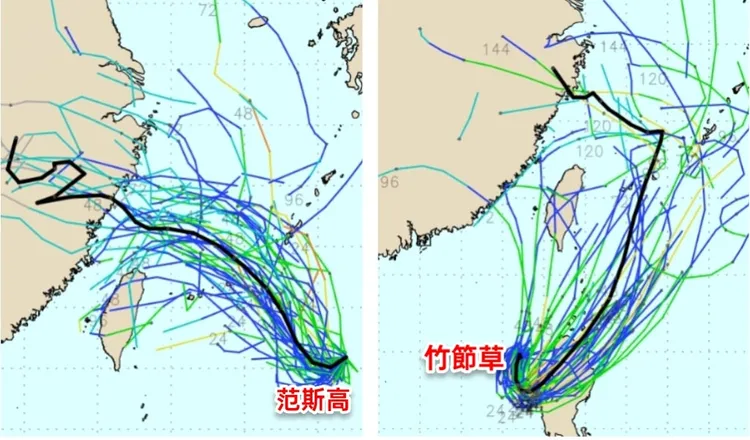 雙颱「竹節草」和「范斯高」是否會登陸台灣還有待觀察。翻攝「觀氣象看天氣」臉書