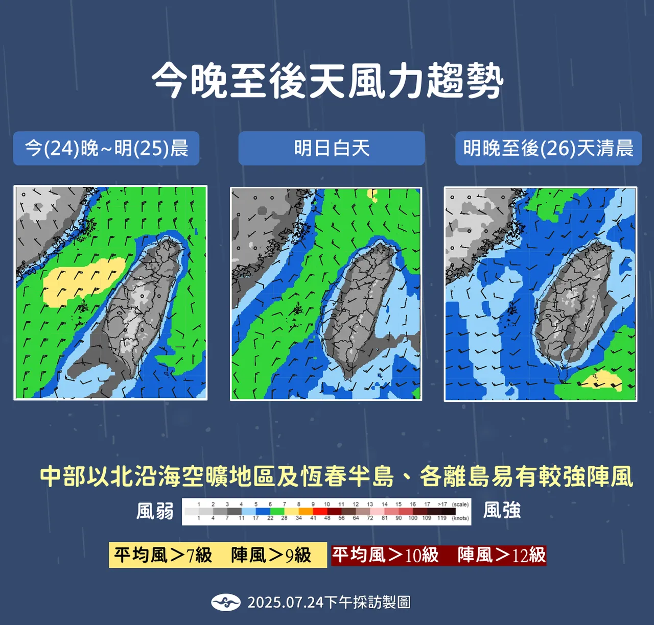 近日(24日至26日)風力趨勢。中央氣象署提供