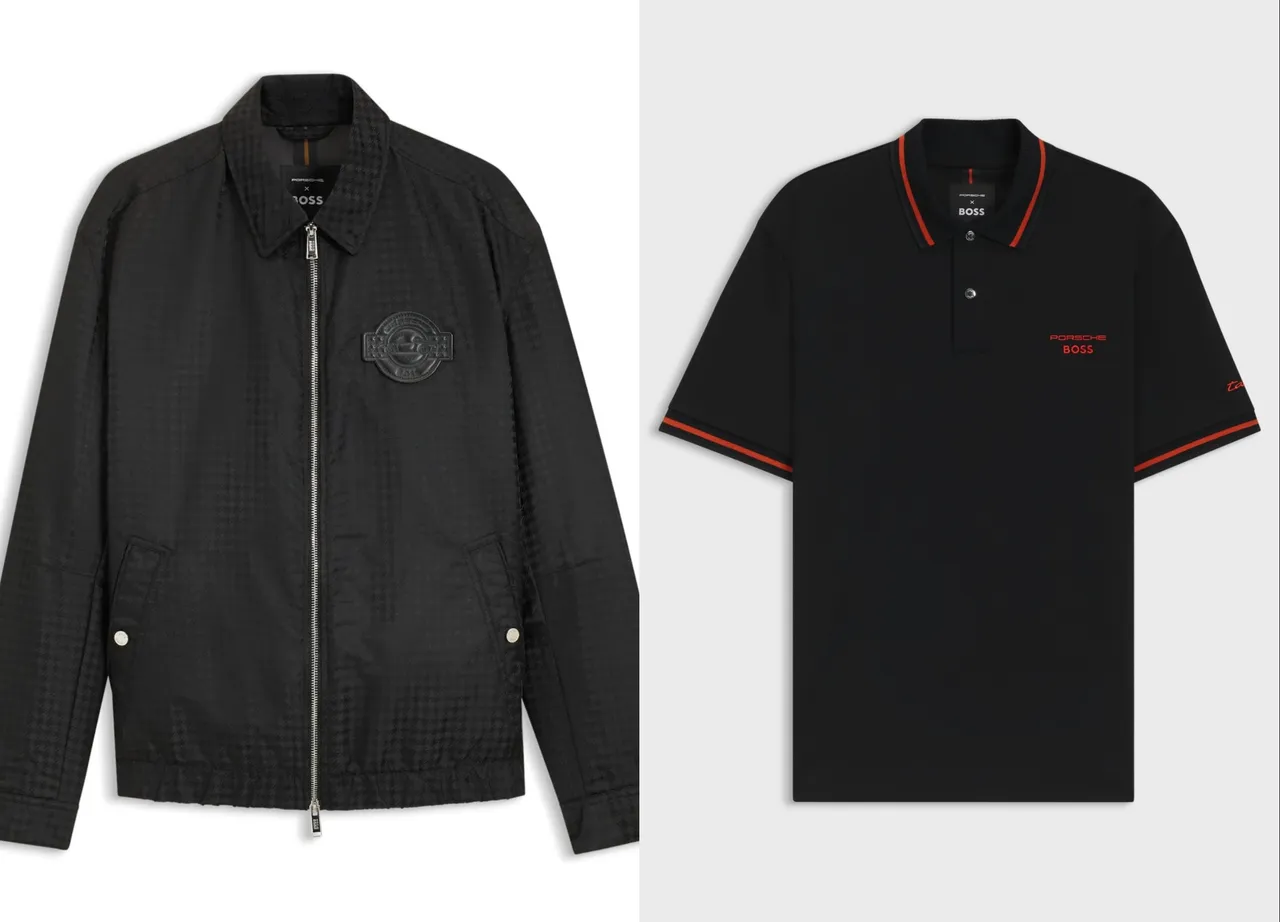 Porsche x BOSS黑色千鸟纹夹克外套(左)1万7400元、Porsche x BOSS黑色Polo衫(右)5700元。品牌提供