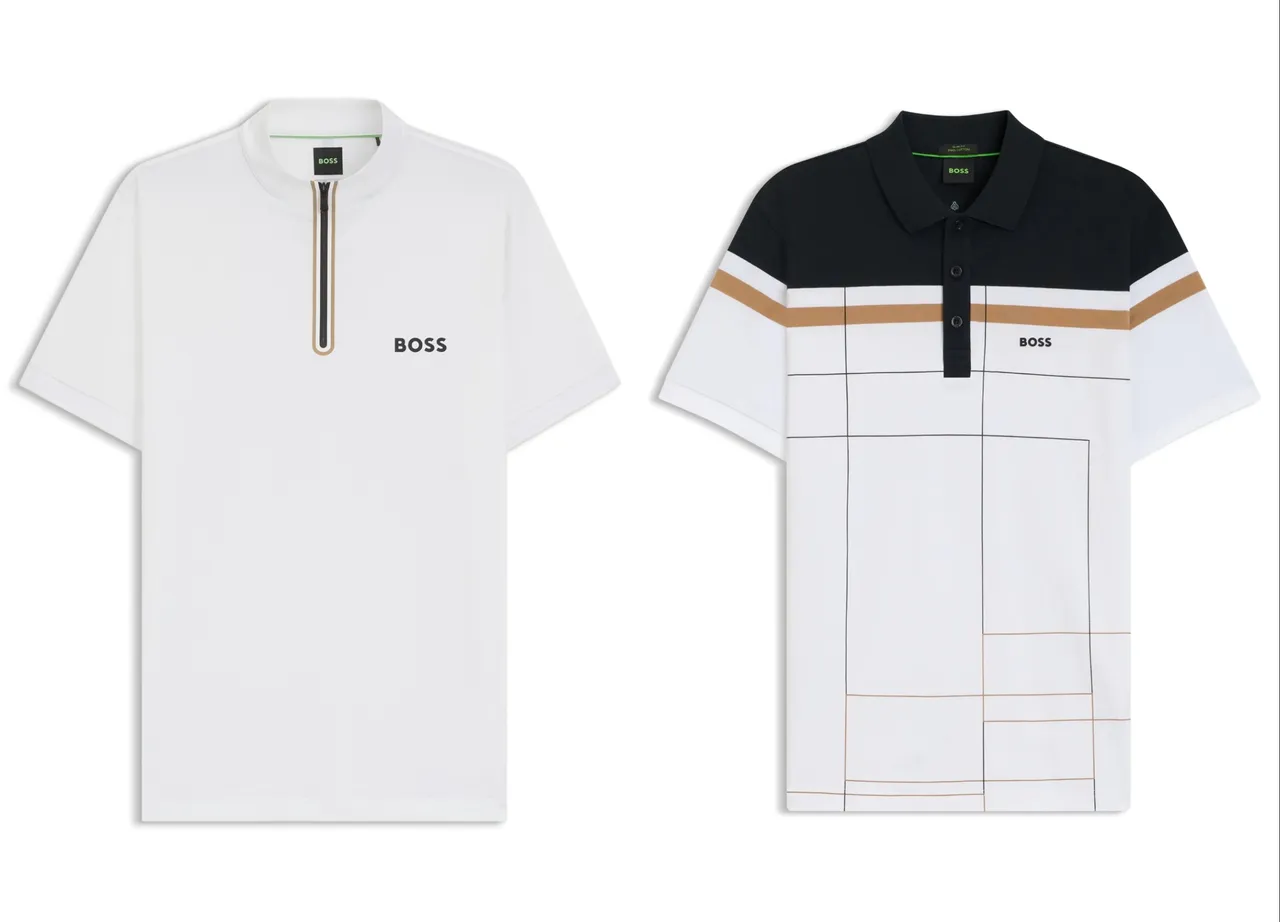 BOSS Tennis系列白色拉链立领短袖上衣(左)5700元、BOSS Tennis系列拼色Polo衫(右)6200元。品牌提供
