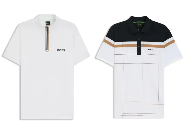 BOSS Tennis系列白色拉鍊立領短袖上衣（左）5700元、BOSS Tennis系列拼色Polo衫（右）6200元。品牌提供